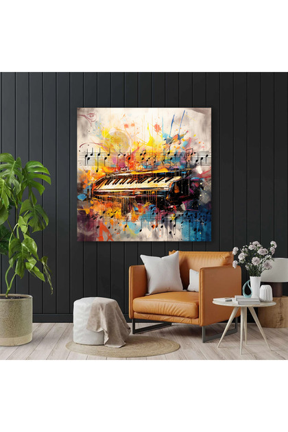 EMİLART Modern Müzik Notaları Ve Piyano Renkli Dekoratif Kanvas