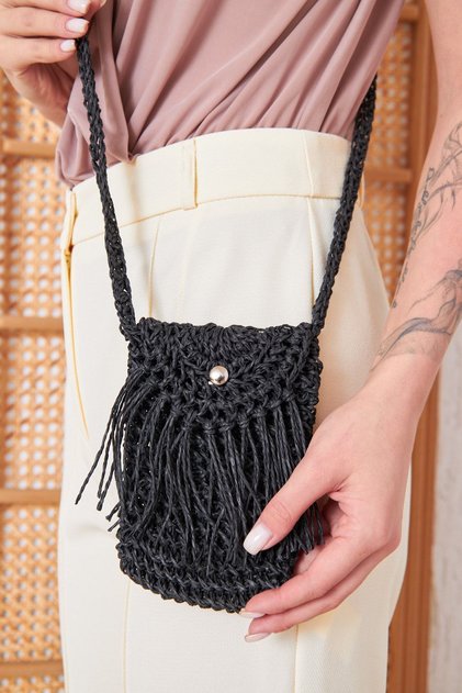Hestia Hand Knitted Phone Bag | Black | Magnetic Snap Fastener | 100% Paper String – Everyday Use