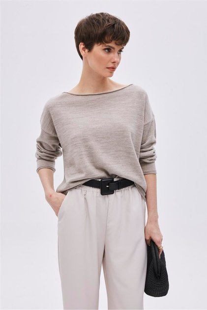Camel Boat Neck Basic Knitwear Sweater