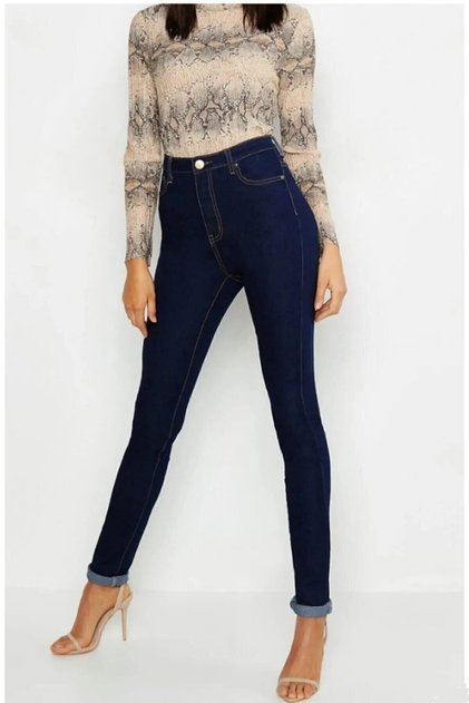 Navy Blue High Waist Slimming Lycra Skinny Jeans Narrow Leg Denim Trousers