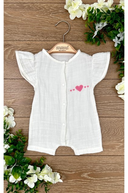 100% Cotton Muslin Summer Ruffle Sleeve Baby Girl Romper Short Leg Suede Pink Heart