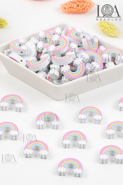 Colorful Wooden Beads - Pacifier Chain - Keychain - Wooden Beads White Pink Rainbow Motif 5 Pieces