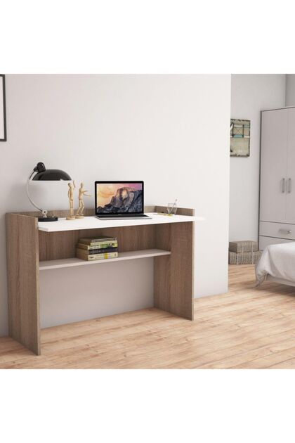 S6020 Nazende Çalışma Masası Ceviz Beyaz Ders Bilgisayar Ofis Masası Raflı Sade Şık Tasarım