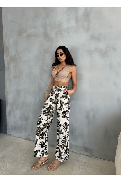 High Waist, Elastic Waist, Pocketed, Flared Linen Wide-Leg Summer Green-Beige Thin Leaf Patterned Trousers