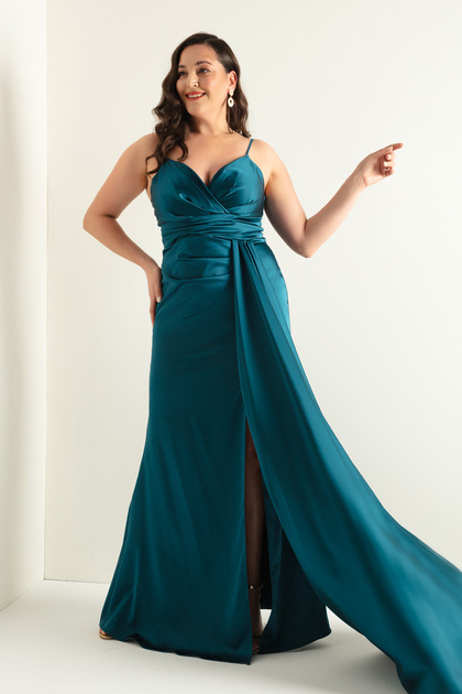 Lafaba Women's Petrol Plus Size Long Satin Evening Dress & Graduation Dress-  Trendyol
