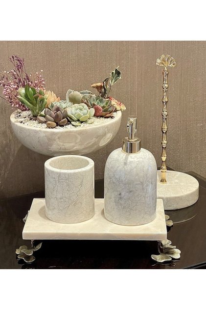 DECORATIVE BEIGE MARBLE GINKO ACCESSORY DETAILED 4-PIECE BATHROOM SET SET