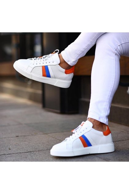 - White, Orange, Blue Leather Lace-Up Men's Casual Shoes 101-7053-He1065