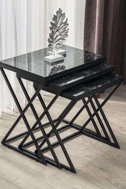 Venedik Siyah Metal Ayaklı, Mermer Desenli Mdf'li Zigon Sehpa
