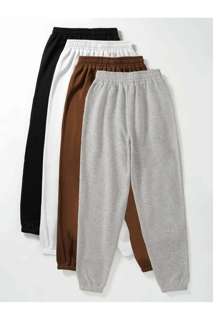 4-Piece Basic Plain Sweatpants Jogger Thin - Black White Brown Gray Elastic Cuffs High Waist
