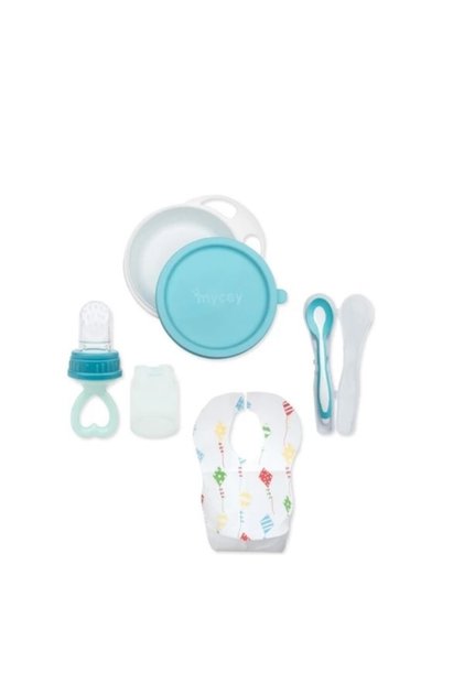 4-Piece Feeding Set Blue (Food Plate + Boxed Food Spoon + Silicone Fruit Pacifier + Bib)