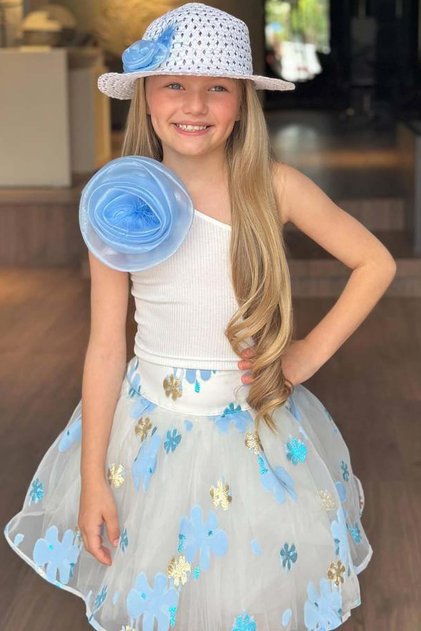 Girl's One-Shoulder Rose Detailed Blouse and Jacquard Patterned Blue Skirt Set