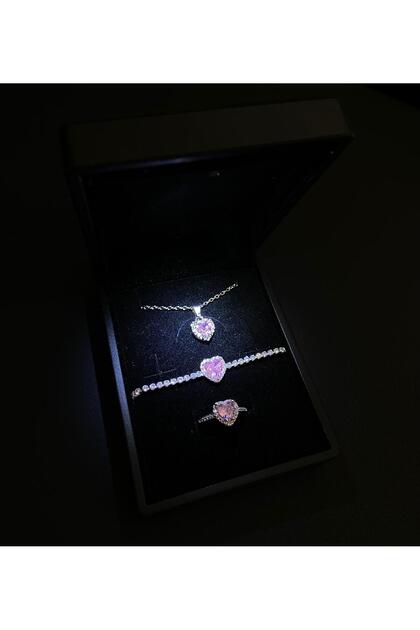 Işıklı kutuda çelik kolye bileklik yüzük 3 set hediyelik set sevgililer günü hediyesi