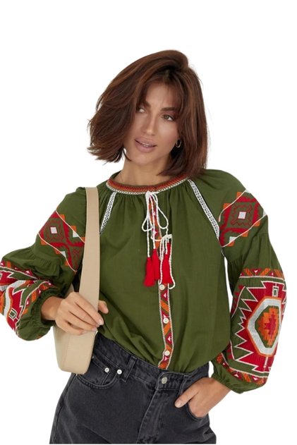 Women's Green Geometric Ethnic Embroidery Embroidered Cotton Vintage Blouse