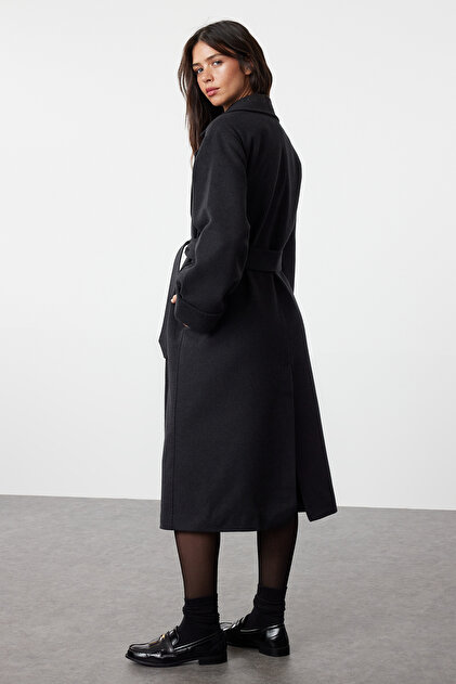 GON　コート36黒 Trendyolmilla Antrasit Dikiş Detaylı Yumuşak Dokulu Oversize Maxi