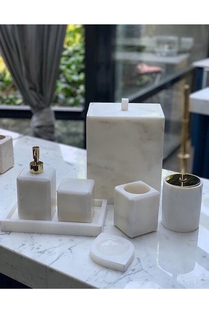 Dekoratif Beyaz Mermer Düz Kare Gold Detaylı 7 Li Banyo Seti Takımı