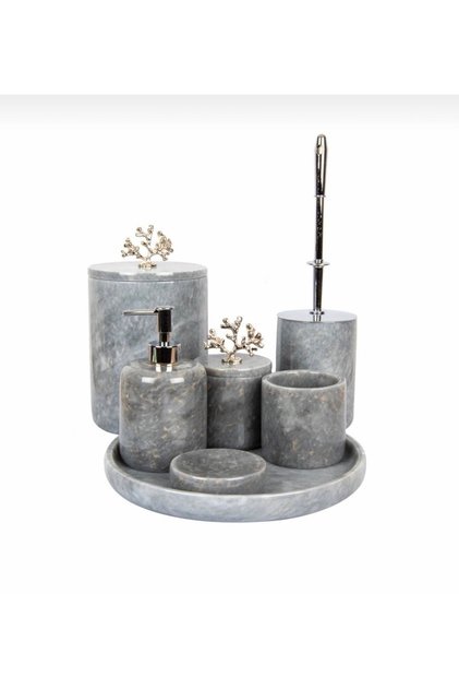 Decorative Gray Marble Silver Coral Detailed 7 Piece Bathroom Set Set