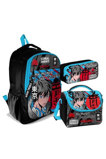 Three-Compartment Elementary and Middle School Bag Set - Boys - Black and Blue Anime Patterned