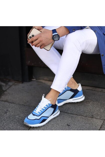 - Blue, Navy Blue Suede, White Leather Lace-Up Men's Casual Shoes 101-9002-H1255