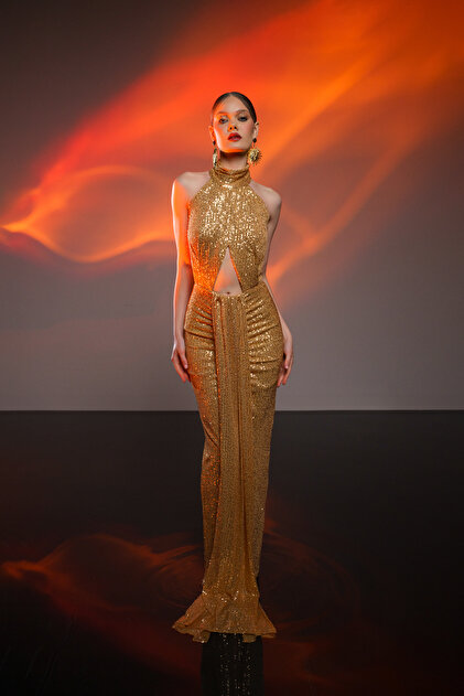 Gira official Long Gold Sequined Belted Dress- Trendyol