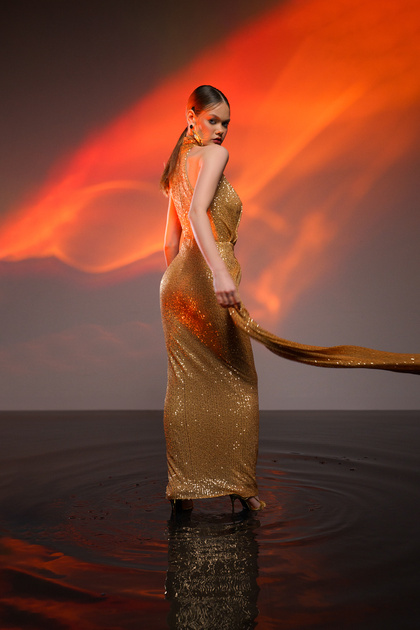 Gira official Long Gold Sequined Belted Dress- Trendyol