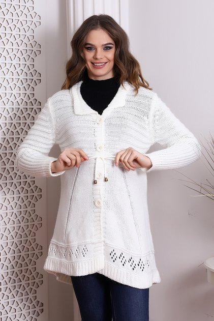 Cm88002 Knitwear Buttoned Front Cord Laced Long Cardigan Ecru