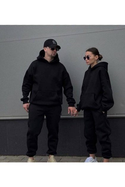 2-Piece Basic Plain Lover Combination Sweatshirt - Black Printed Oversize Winter Hoodie