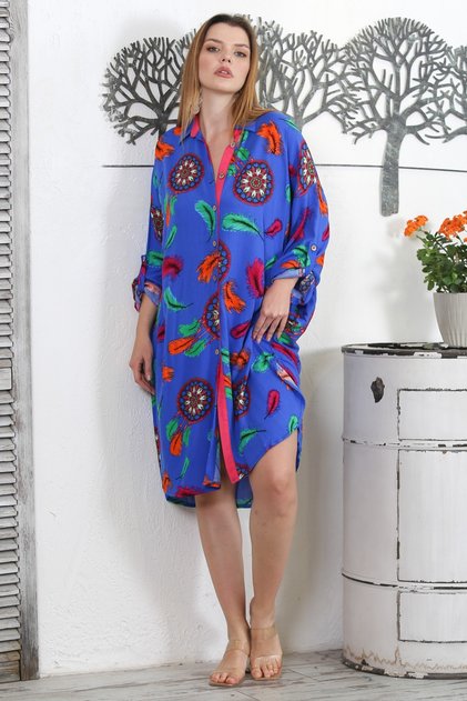 Dark Blue Shirt Collar Long Sleeve Buttoned Hidden Pocket Allover Printed Woven Casual Dress