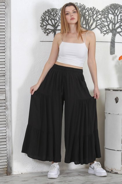Italian Black Drawstring Woven Spanish Leg Casual Pants