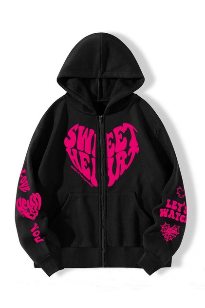 Sweet Heart Fermuarlı Hırka - Siyah Baskılı Oversize Cepli Kışlık Kapüşonlu
