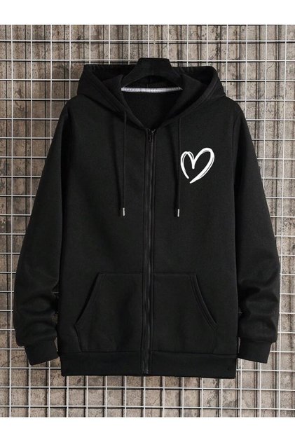 Heart Logo Sweatshirt Zippered Cardigan - Black Printed Oversize Pocket Winter Hoodie