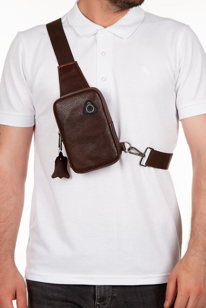 Portofel pentru telefon cu cafea pentru bărbați din piele naturală - Geantă de piept și de umăr încrucișată cu căști și port USB