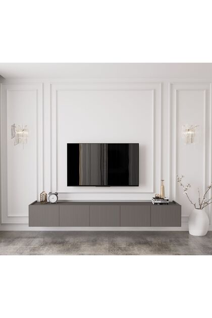 Capella Gri Mdf Country 5 Kapaklı DUVARA MONTE 200 Cm Tv Ünitesi
