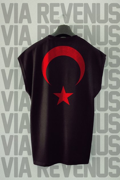 Turkish Flag Back Printed Zero Sleeve Black Sports T-Shirt