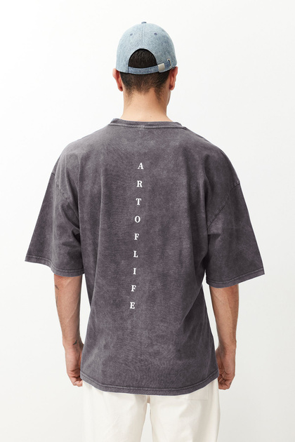 Anthracite Oversized/Wide Fit Faded Effect Text Printed 100% Cotton T-Shirt TMNSS23TS00166