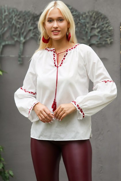 Women's White Round Neck Balloon Sleeve Tie Wrap Embroidered Regular Fitted Casual Cotton Woven
