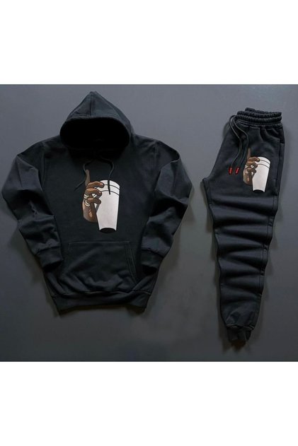 Hand Cup Combination Lower Upper Tracksuit Set - Black Printed Oversize Rubber Leg Hoodie