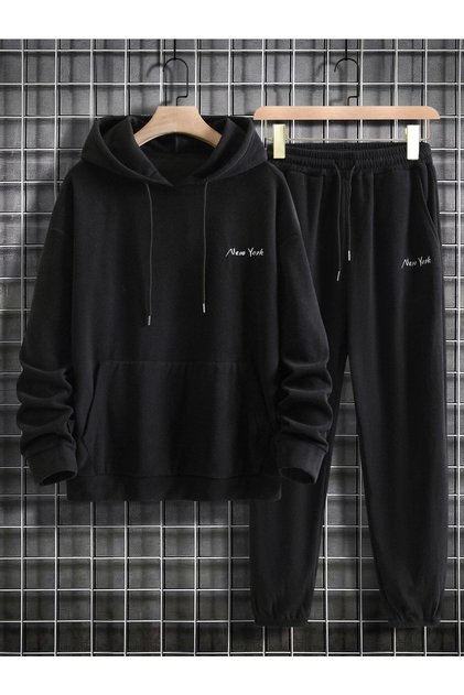 Minimal Written New York Combination Bottom Top Tracksuit Set - Black Printed Oversize Rubber Leg Hoodie