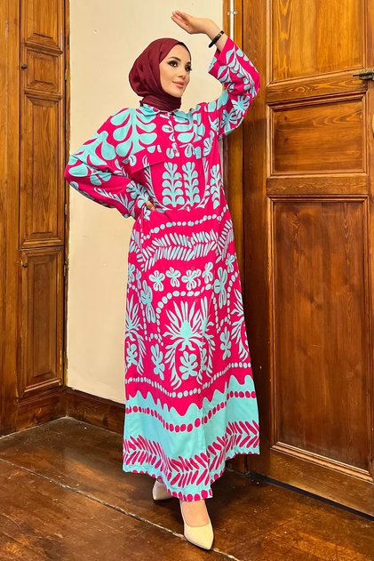 Fuchsia Viscose Hijab Dress - Neck Buttoned and Patterned