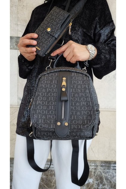 Women's Black Monogram Printed Backpack, Shoulder Bag and Wallet Combination