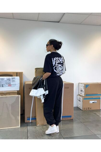 Yishe Sweatpants T-shirt - Black Printed Tracksuit Set Oversize Crew Neck