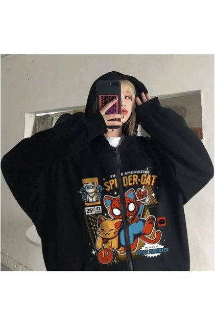 Spider Cat Sweatshirt Zippered Cardigan - Black Printed Oversize Pocket Winter Hoodie