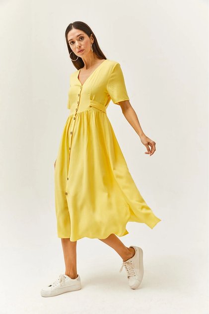 Button Detailed Belted Midi Dress 100% Viscose