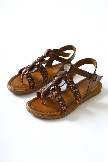 Genuine Leather Heam Tan Ethnic Patterned Women's Sandals