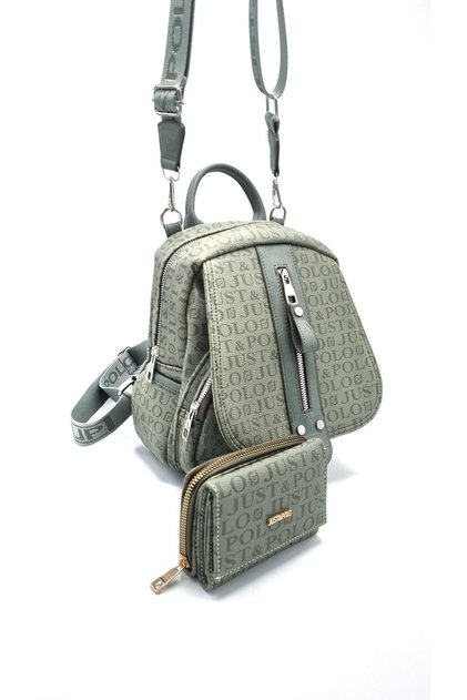 Women's Green Monogram Printed Backpack Shoulder Bag and Wallet Combination