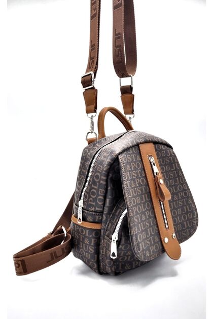 Women's Brown Brown Monogram Printed Backpack and Shoulder Bag for Daily Use (CANTAMGELSİN_)
