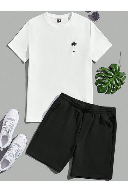 Palm Logo T-Shirt Shorts - White Black Bottom Top Team Shorts T-Shirt Combo Printed Crew Neck