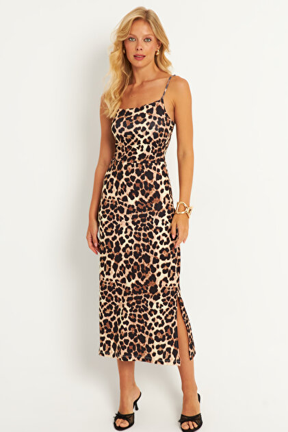 knee length dresses for ladies Abstract Leopard Print Midi Dress Ivory Lavender / L