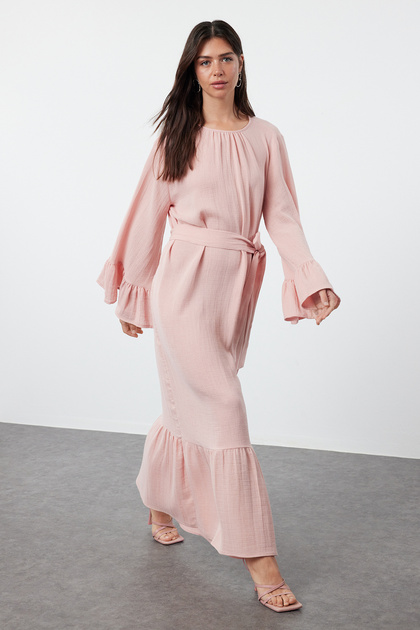 Trendyol Modest Dusty Rose Skirt Ruffle Muslin Woven Dress Tctss24Eb00255-  Trendyol