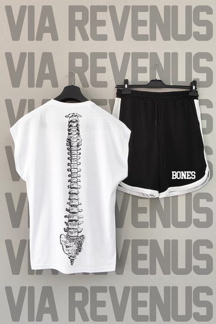 Bones Back Printed Sleeveless Crew Neck White Sport T-shirt and Black Sport Shorts Set