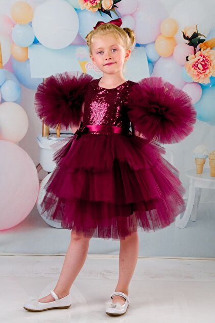 Mixie Girls Burgundy Buckle Pompom Sleeves Evening Dress Party Birthday  Dress- Trendyol